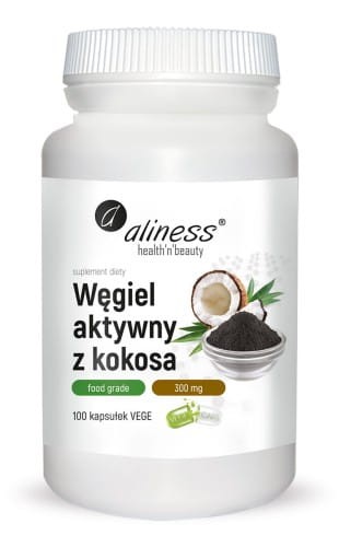  Aliness 100 Vege caps.  Węgiel aktywny z kokosa Food Grade 300 mg 