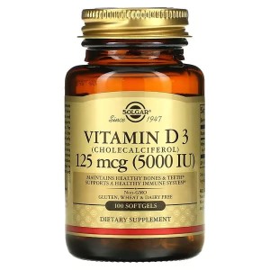 Solgar, Witamina D3 (cholekalcyferol), 125 mcg (5000 j.m.), 100