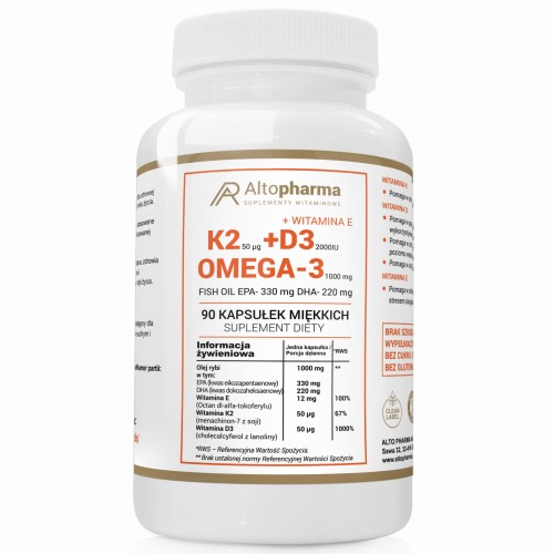 Alto pharma   WITAMINA K2 MK-7 + D3 2000IU Vit E + OMEGA-3 90 kapsułek miękkich (Softgel)