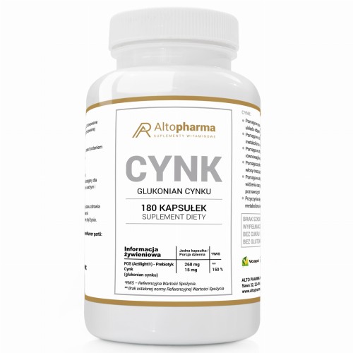 Altopharma GLUKONIAN CYNKU CYNK 15mg + PREBIOTYK PRODUKT WEGE 180 kapsułek