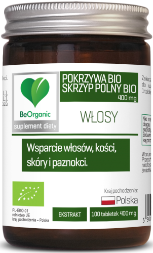 BeOrganic włosy - Skrzyp BIO + Pokrzywa BIO, 400mg x 100 tabletek