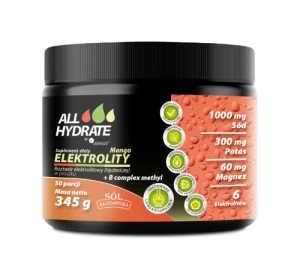 -33% Aliness ALLHydrate, Elektrolity Mango + B complex methyl 345g, 50 porcji (1) ważność 31.08.2026 wyprzedaz