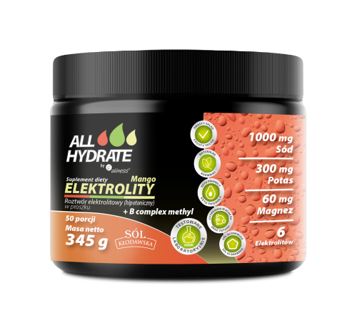 -33% Aliness ALLHydrate, Elektrolity Mango + B complex methyl 345g, 50 porcji (1) ważność 31.08.2026 wyprzedaz