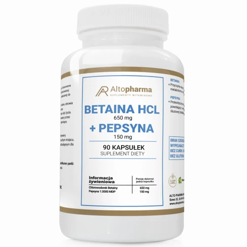 -50% Alto pharma BETAINA 650mg HCL + PEPSYNA 150mg betaina trawienie PRODUKT WEGE 90 kapsułek (1) wyprzedaz waznosc 30.10.2026